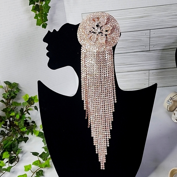 Large Statement Petal Flower Brooch Pin Rose Gold Rhinestone Fringe New - Picture 5 of 13